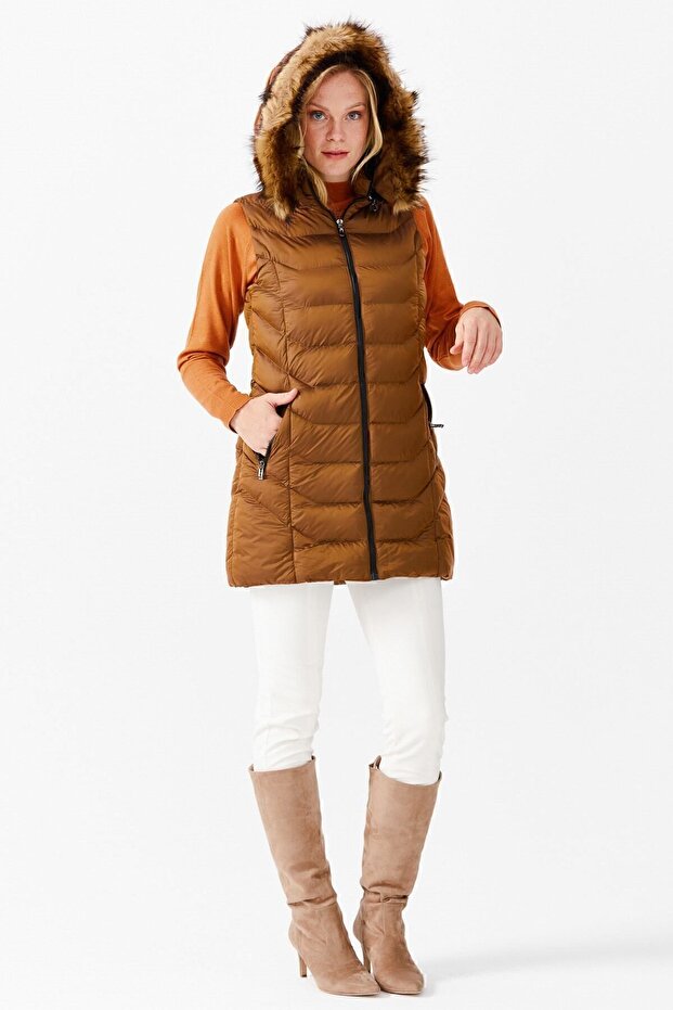 Women's Hooded Quilted Puffer Vest Copper