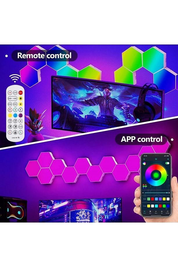 RGB LED  Akıllı Altıgen Duvar Lambası Kumandalı Gece Işığı Fuaye Çalışma oyun ve yatak odası 6 Panel - 3