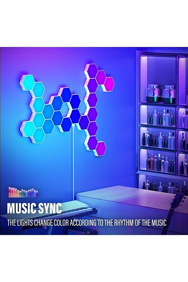 RGB LED  Akıllı Altıgen Duvar Lambası Kumandalı Gece Işığı Fuaye Çalışma oyun ve yatak odası 6 Panel - 4