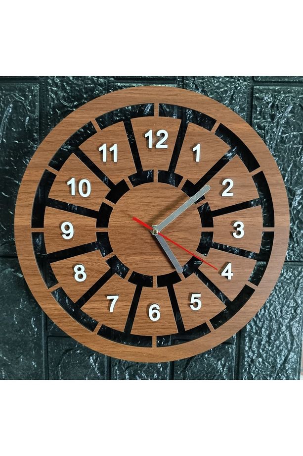 Ahşap lazer kesim duvar makrome saat 30 cm  yuvarlak-CEVİZ RENK- - 1