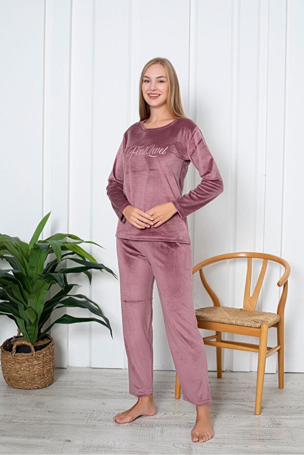 Luxury Velvet Fransız Kadife Yazı Detaylı Pijama Takımı - 1