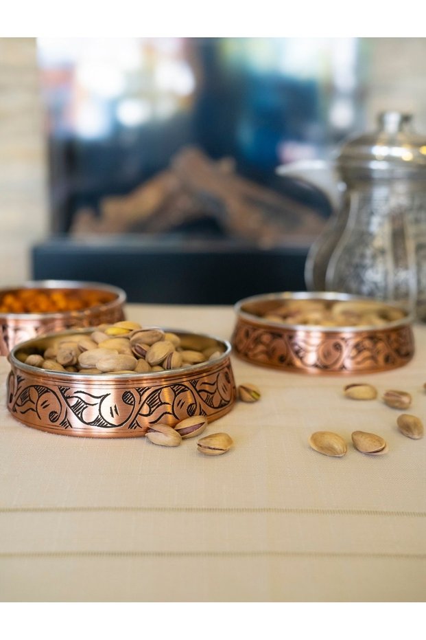 Copper Snack Bowl with Carved Embroidery, 3-Piece Set, Matte Copper Color, 12 cm