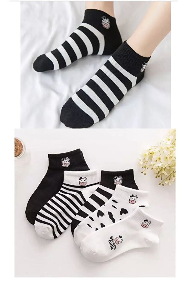 5 Pairs of Women's Cow Patterned Half Booties Socks with 5 Different Models Washable