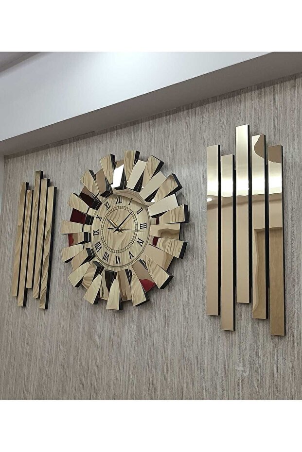 TUĞBArt 3 boyutlu Aynalı piyano model Lambiri yan dekor Gold Roma Rakam 3lü duvar Saati