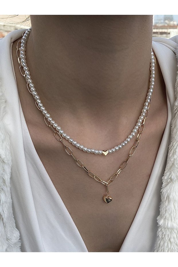 Combined gold chain pearl heart necklace