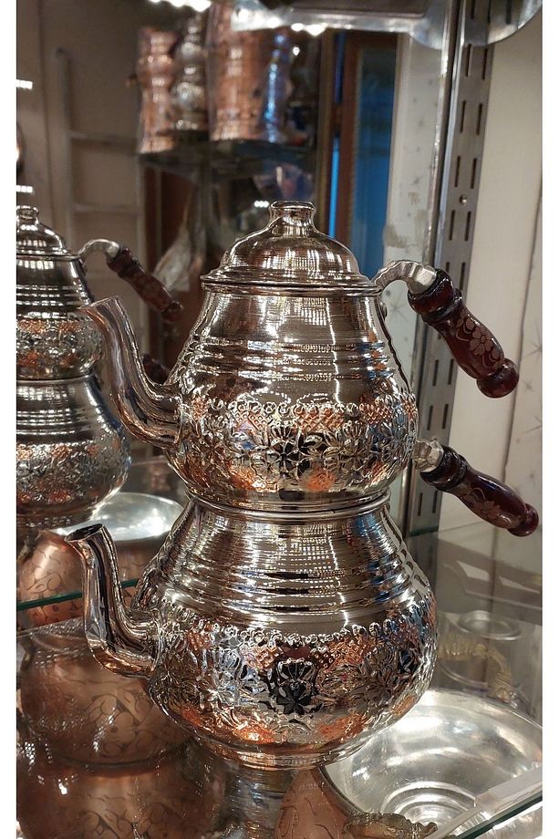 Bakır Çaydanlık & Bakır Demlik El Yapımı Çiçek Desenli Çift Renk Bakır Çaydanlık Büyük Boy - 4
