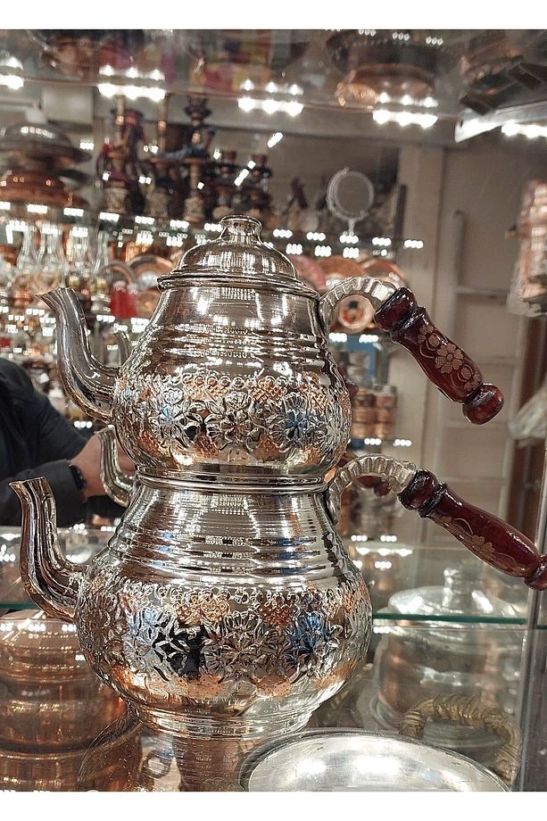 Bakır Çaydanlık & Bakır Demlik El Yapımı Çiçek Desenli Çift Renk Bakır Çaydanlık Büyük Boy - 1