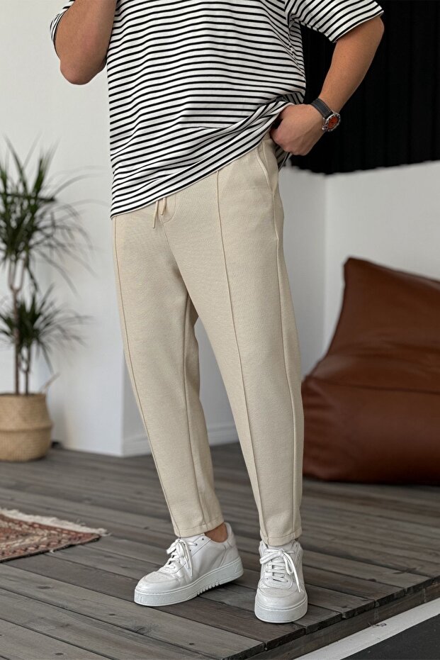 Boyfriend men's stitched waffle fabric elastic waist beige jogger pants
