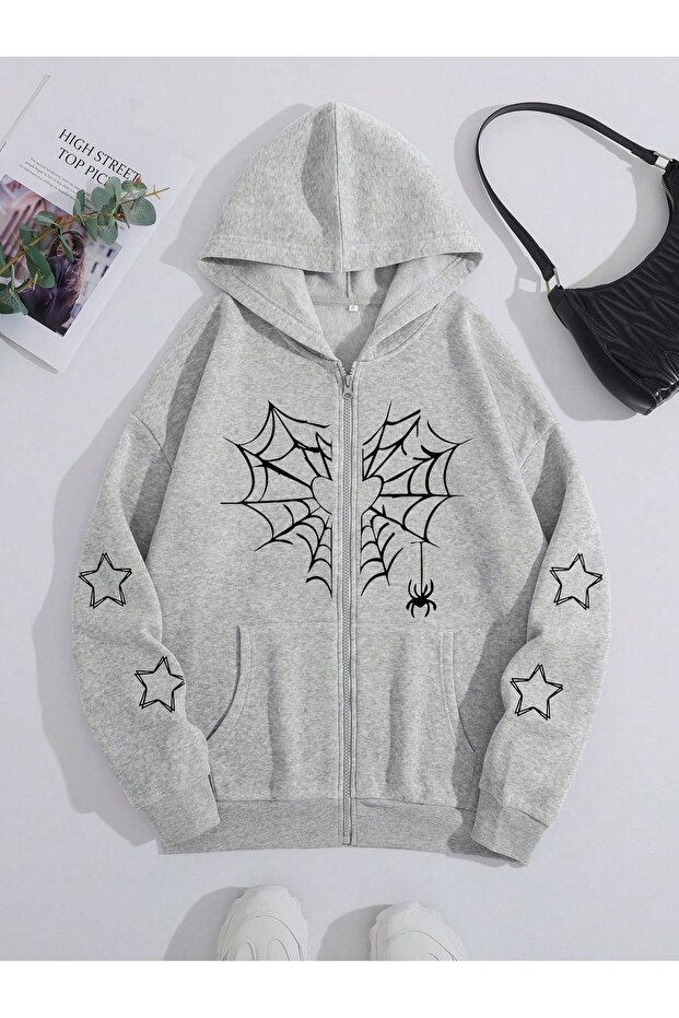 Star Spider Web Sweatshirt Zippered Cardigan - Gray Printed Oversize Pocket Winter Hoodie