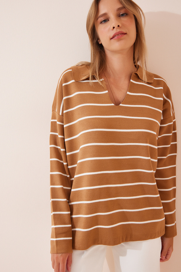 Polo Neck Striped Knitwear Sweater Dark Biscuit Lbp0008