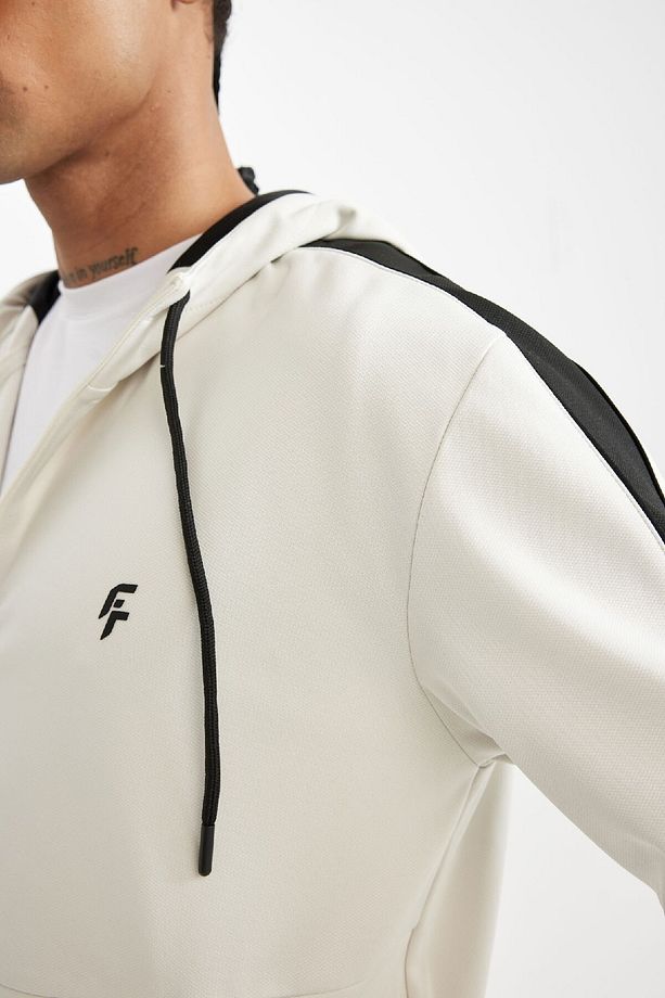 Fit Erkek Bej Standart Fit Normal Kesim Fermuarlı Dalgıç Kumaş Kapüşonlu Hırka B4535ax24au - 6