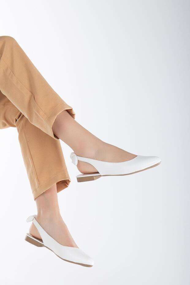Open Heel Bow Skin White Women's Ballerinas