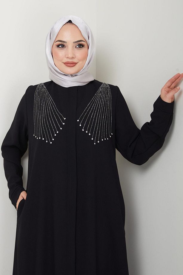 Kristal Taş İşlemeli Ferace Siyah HM2423 - 6