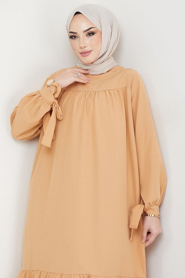 Robalı Kol Ucu Bağlamalı Elbise Camel - 3