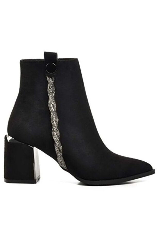 Feles Twist Stripe Stone Detailed Classic Women's Boots BLACK-SUEDE