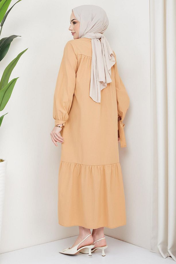 Robalı Kol Ucu Bağlamalı Elbise Camel - 4