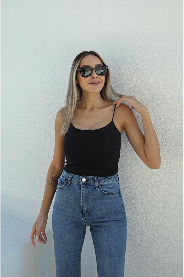 Siyah Beyaz Ip Askılı Basic 2'li Crop - 2