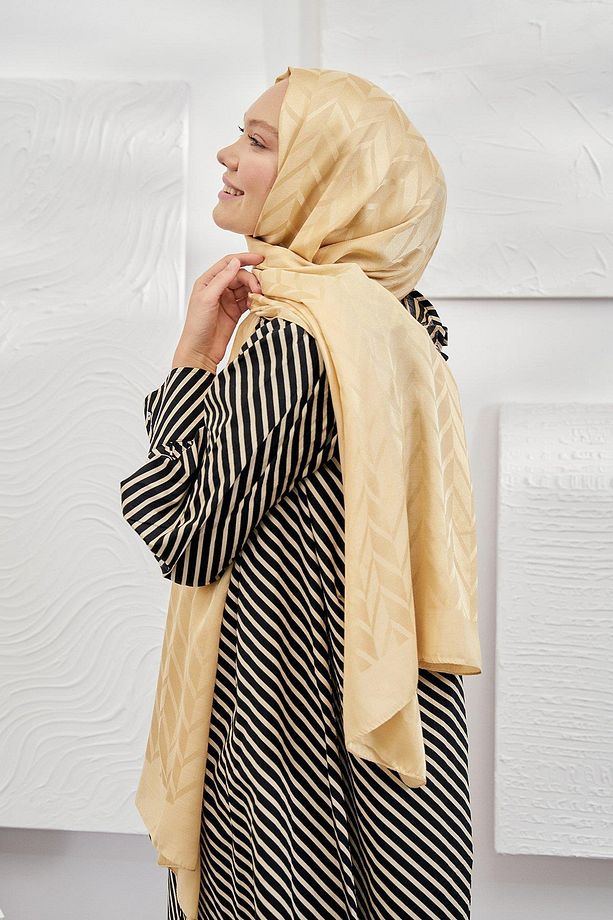 Jakarlı Şal - Zigzag Desenli - Dore - 1