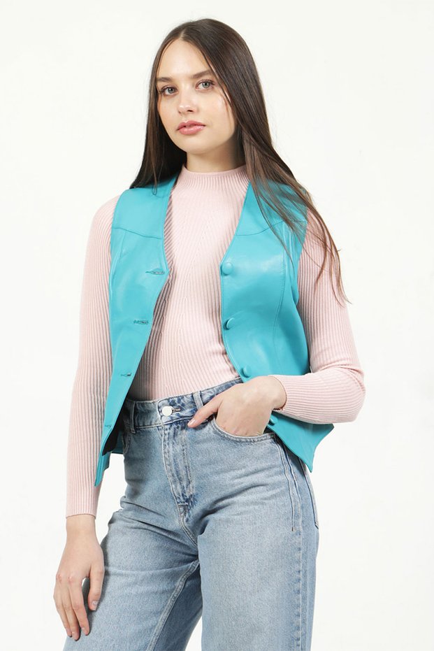 Vittoria Turquoise Genuine Leather Vest - Plus Size, Button, Slim Fit