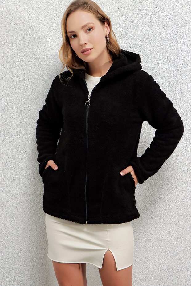 Women's Welsoft Flexible Fabric Black Plush Soft Front Zipper Hooded Jacket Hzl23W-Dsb110081