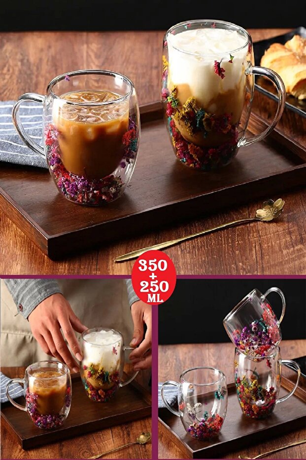 Set of 2 Flower Cups Double Sided Flower Cups Presentation Cups Handmade Borosilicate 250 Ml 350 Ml