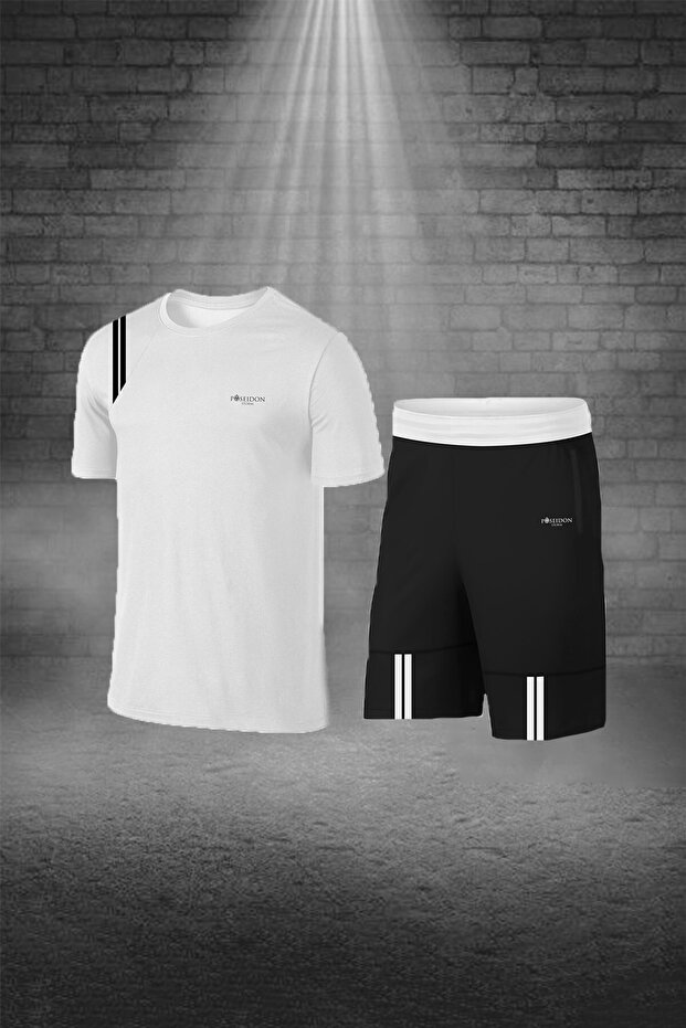 Men's Black Fit Crew Neck T-Shirt Shorts Two-Piece Bottom Top Set with Pockets for Walking and Running (S-3Xl)