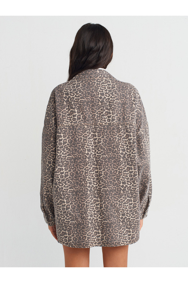 50737 Leopar Desen Oversize Denim Gömlek-Kahve - 2