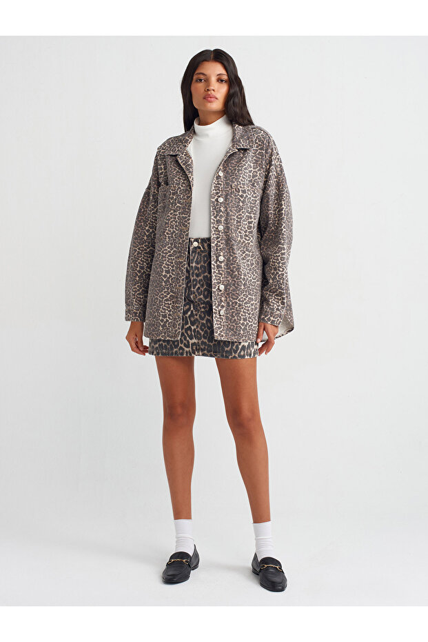 50737 Leopar Desen Oversize Denim Gömlek-Kahve - 3