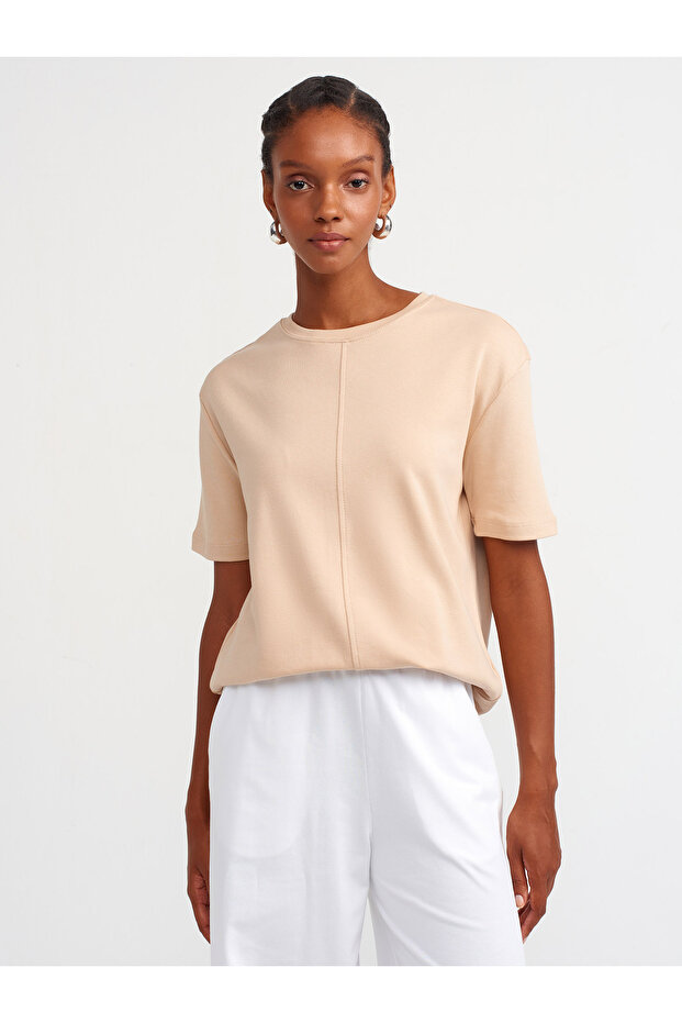 31218 Cotton T-Shirt with Stitching Details-Beige