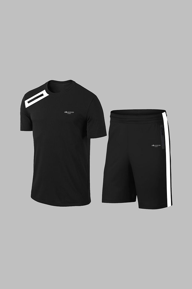 Erkek Siyah Dri-fit Kumaş Yuvarlak Yaka Kısa Kol Tişört Şort Alt Üst Set (S-3XL) - 1