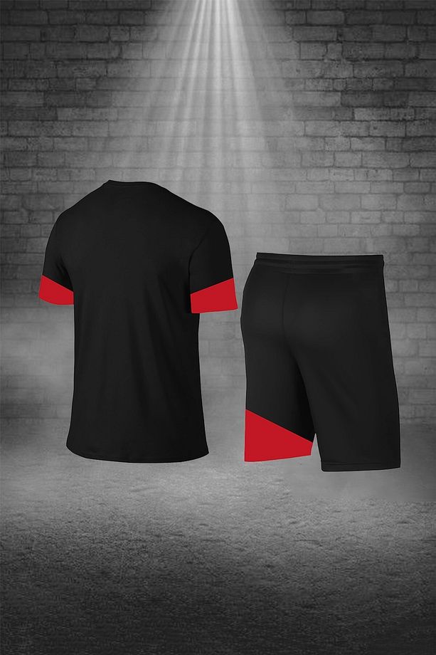 Erkek Siyah Dri-fit Kumaş Fit Yuvarlak Yaka Kısa Kol Tişört Şort Alt Üst Spor Set (S -3XL) - 4