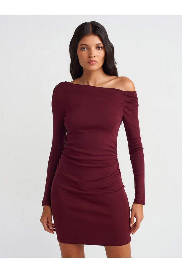 90848 Asimetrik Mini Elbise-Bordo - 1
