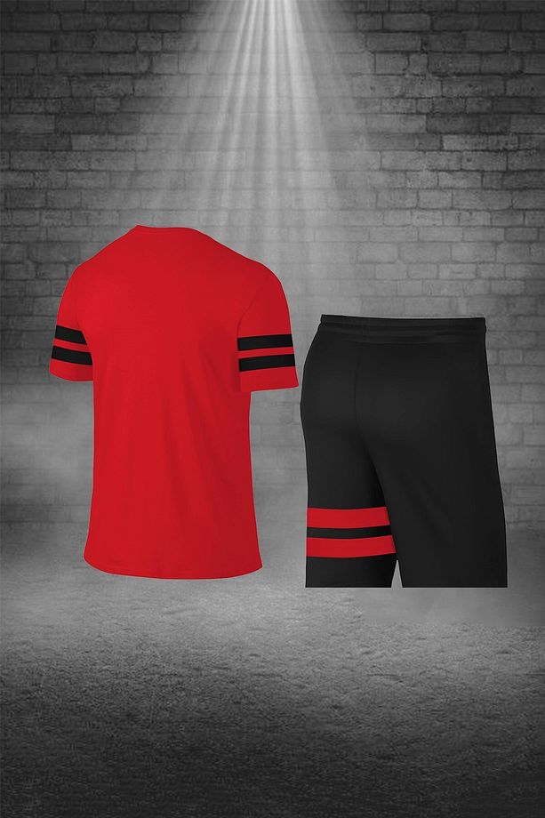 Erkek Kırmızı Dri-fit Kumaş Baskısız Yuvarlak Yaka Kısa Kol Tişört Şort Alt Üst Set (S -3XL) - 4
