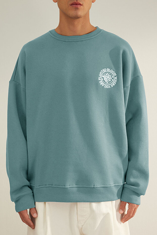 Mint Oversize/Geniş Kesim Çiçek Nakışlı İçi Polarlı Pamuklu Sweatshirt TMNAW24SW00012 - 5