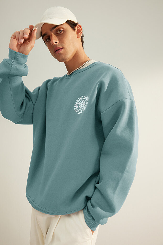 Mint Oversize/Geniş Kesim Çiçek Nakışlı İçi Polarlı Pamuklu Sweatshirt TMNAW24SW00012 - 2