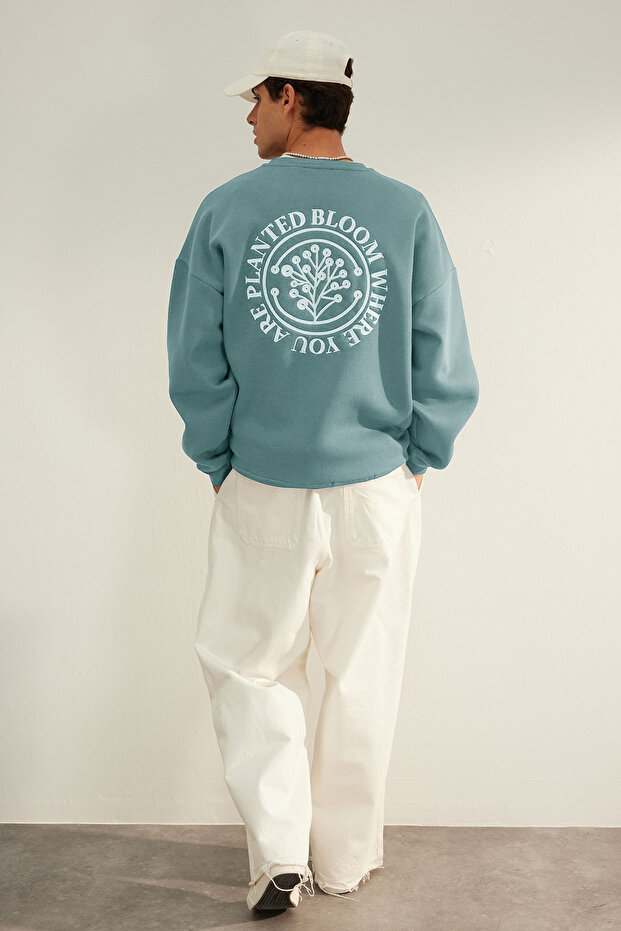 Mint Oversize/Geniş Kesim Çiçek Nakışlı İçi Polarlı Pamuklu Sweatshirt TMNAW24SW00012 - 7