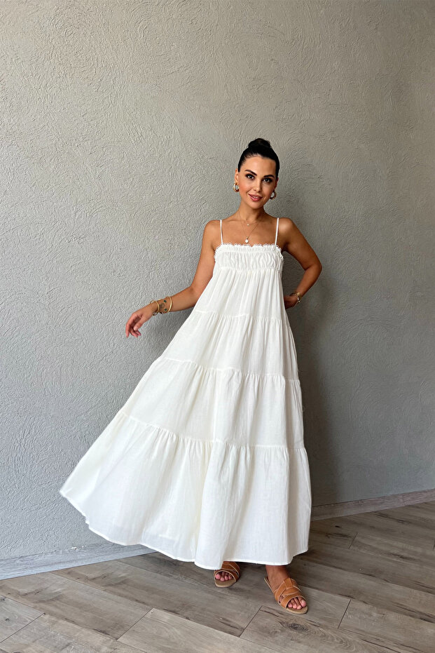 Sardinya Gipe Detailed Ecru Strap Dress