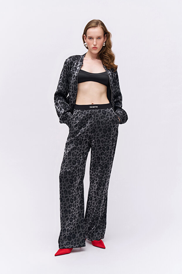 Leopard Print Trousers with Elastic Waist Detail Black