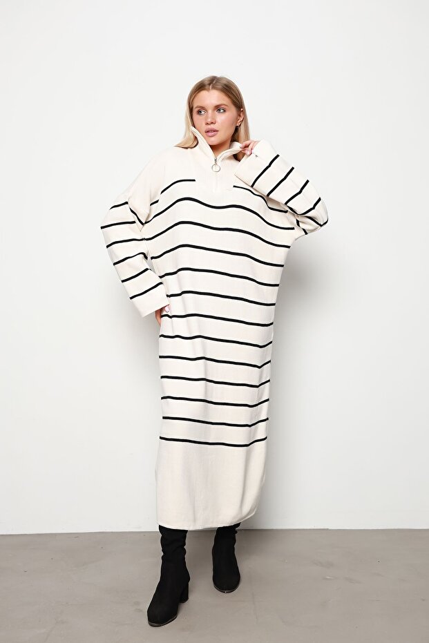 Zippered Collar Thin Striped Knitwear Dress Ecru