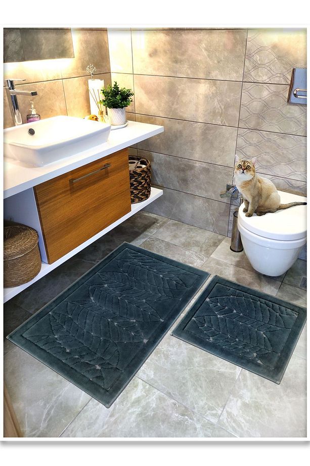 %100 Pamuk Dokuma Banyo Paspas Seti, Banyo Halısı Yaprak 2 Li Set 60x100 - 60x50 - 1