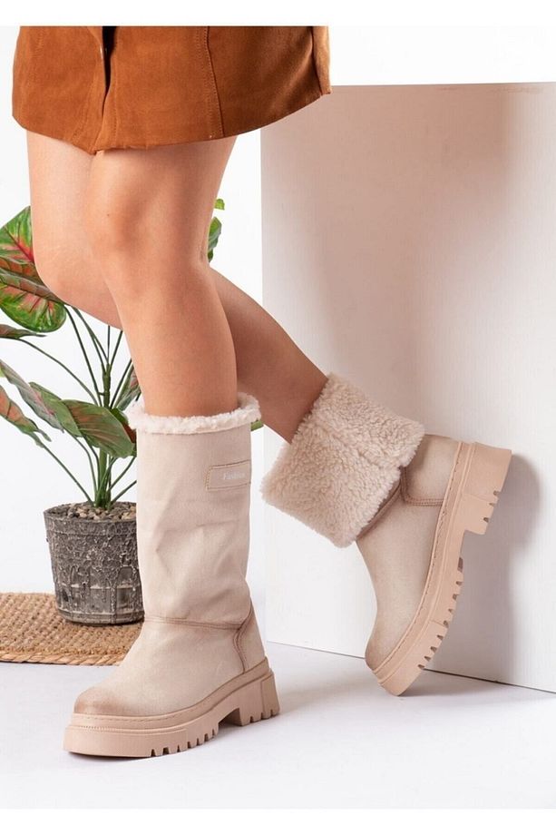 Kadın Tüylü Kısa Uzun Kalın Taban Ugg Model Dikişli Bayan Bot - 3
