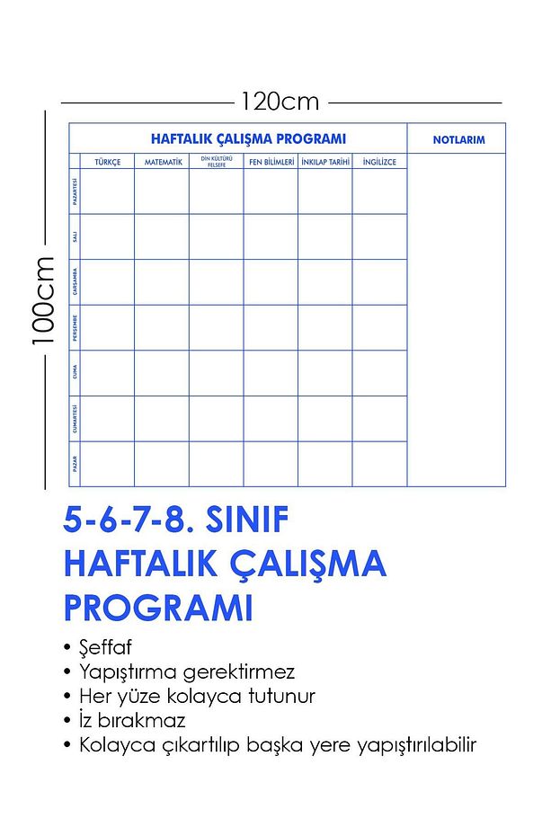 Haftalık Ders Çalışma Programı 5-6-7-8. Sınıf Statik Akıllı Kağıt Yazı Tahtası 120x100 Cm Kalem - 9