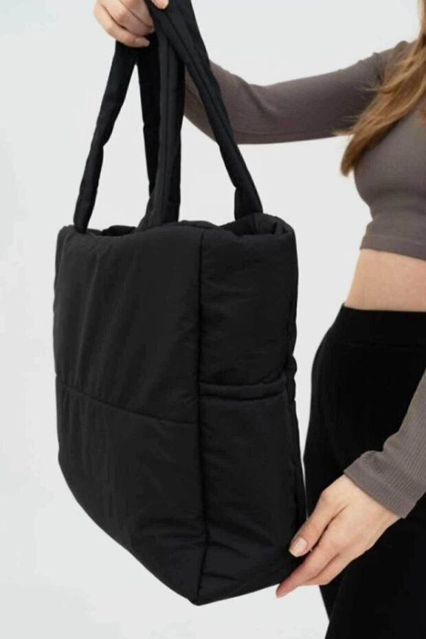 woys Siyah Kabartmalı Pamuklu Kumaş Shopper Çanta -Okul Omuz Çantası