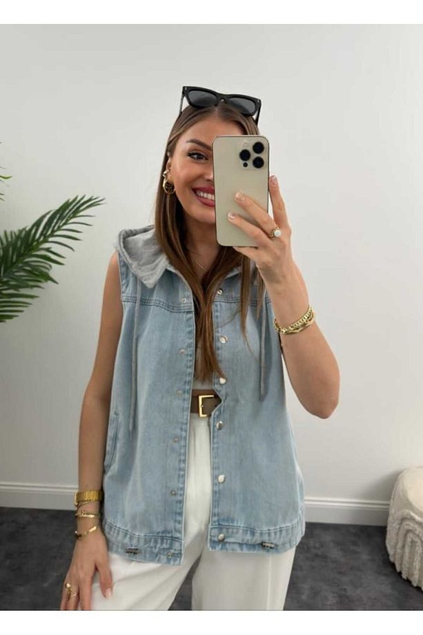 Kapüşonlu Basic Jean Kot Yelek - 6