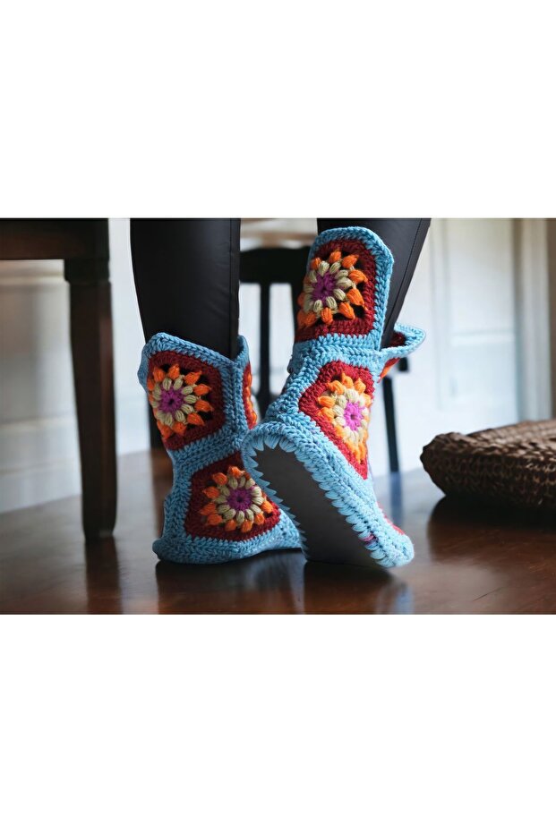 Motif Detaylı El Örgüsü Ev Botu , Çorap - 3