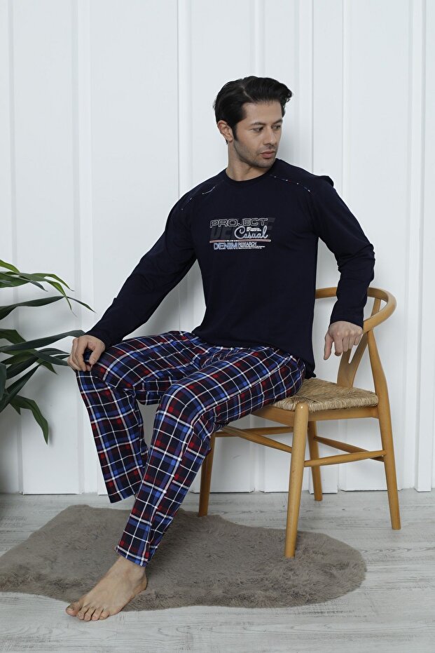 Long Sleeve Plaid Crew Neck Printed Navy Blue Color Men's Pajamas Set