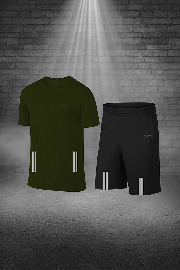 Over Size Erkek Haki Dri-fit Kumaş Bisiklet Yaka Kısa Kol Günlük Rahat Tişört Şort Alt Üst Sporcu Ta - 1
