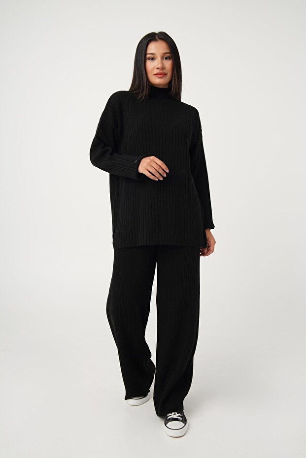 High Collar Tunic Trousers Model Black Knitwear Set