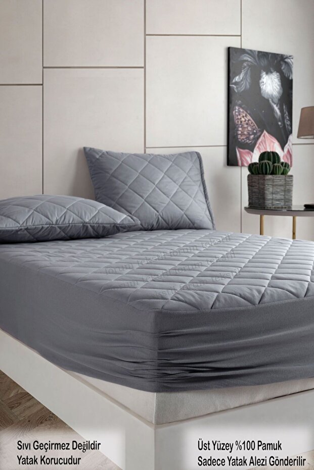 Set Pamukkale Matratzenauflage Grau 100% Baumwolle Gesteppter Matratzenschoner-2 Stück Kissenschoner Matratzenauflage (11 Größen) - 4