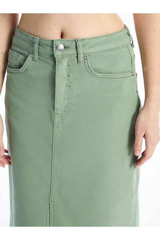 Cannes - Düz Yırtmaçlı Midi Denim Etek - Haki - 4